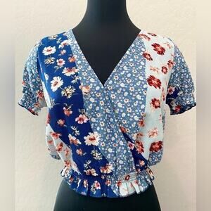 ONE CLOTHING | Blue Mixed Floral Cottagecore Boho Cropped Blouse | Small
